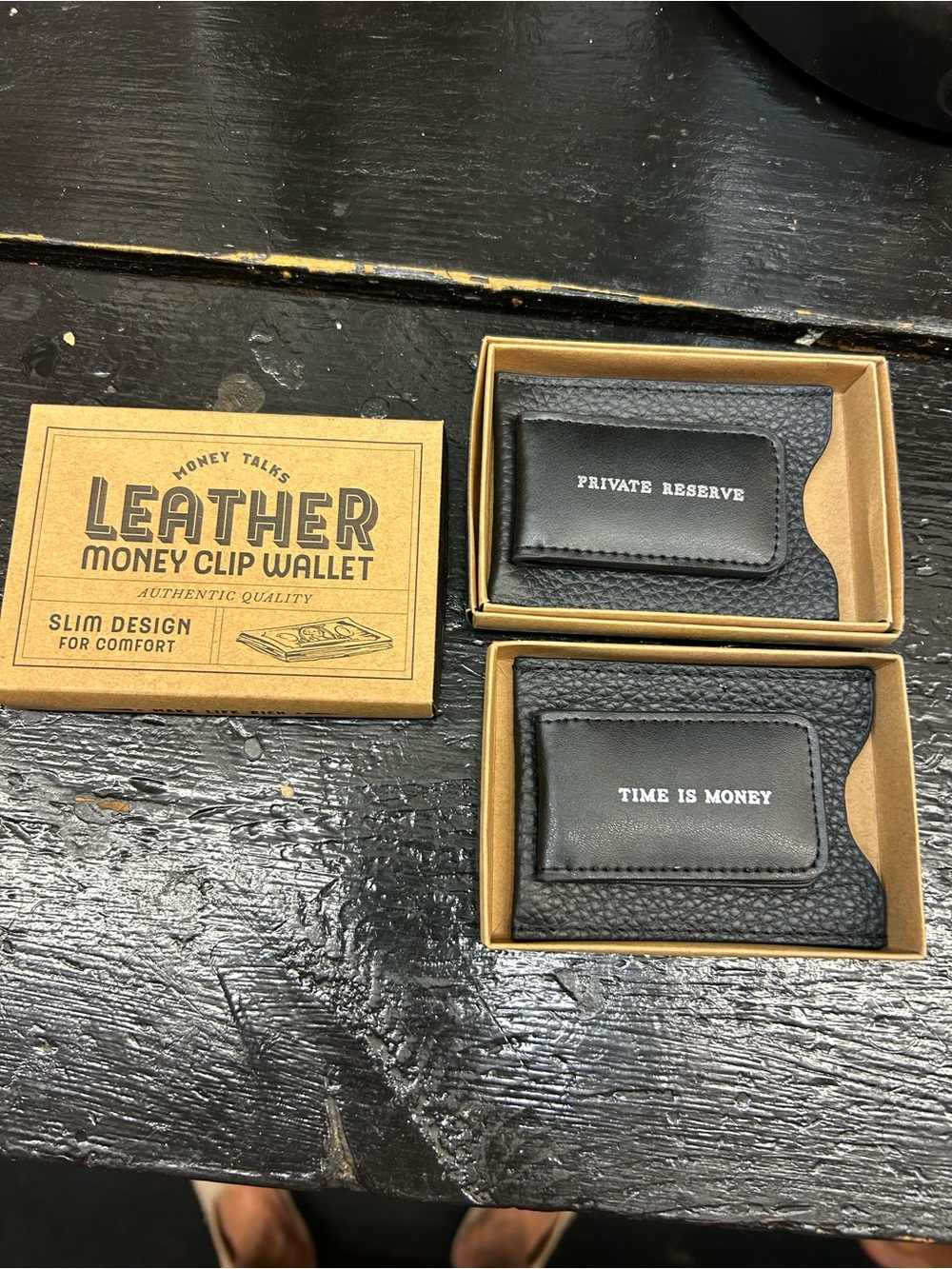 Leather Money Clip Wallet with sayings " Private Reserve " or " Time is Money "